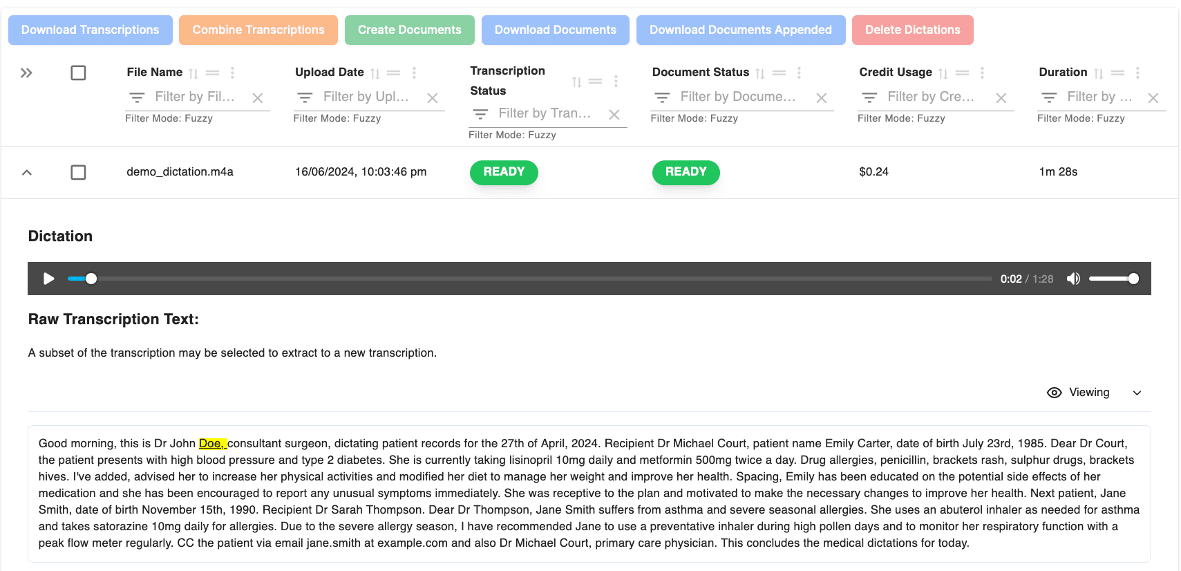 Picture of transcribed medical dictation